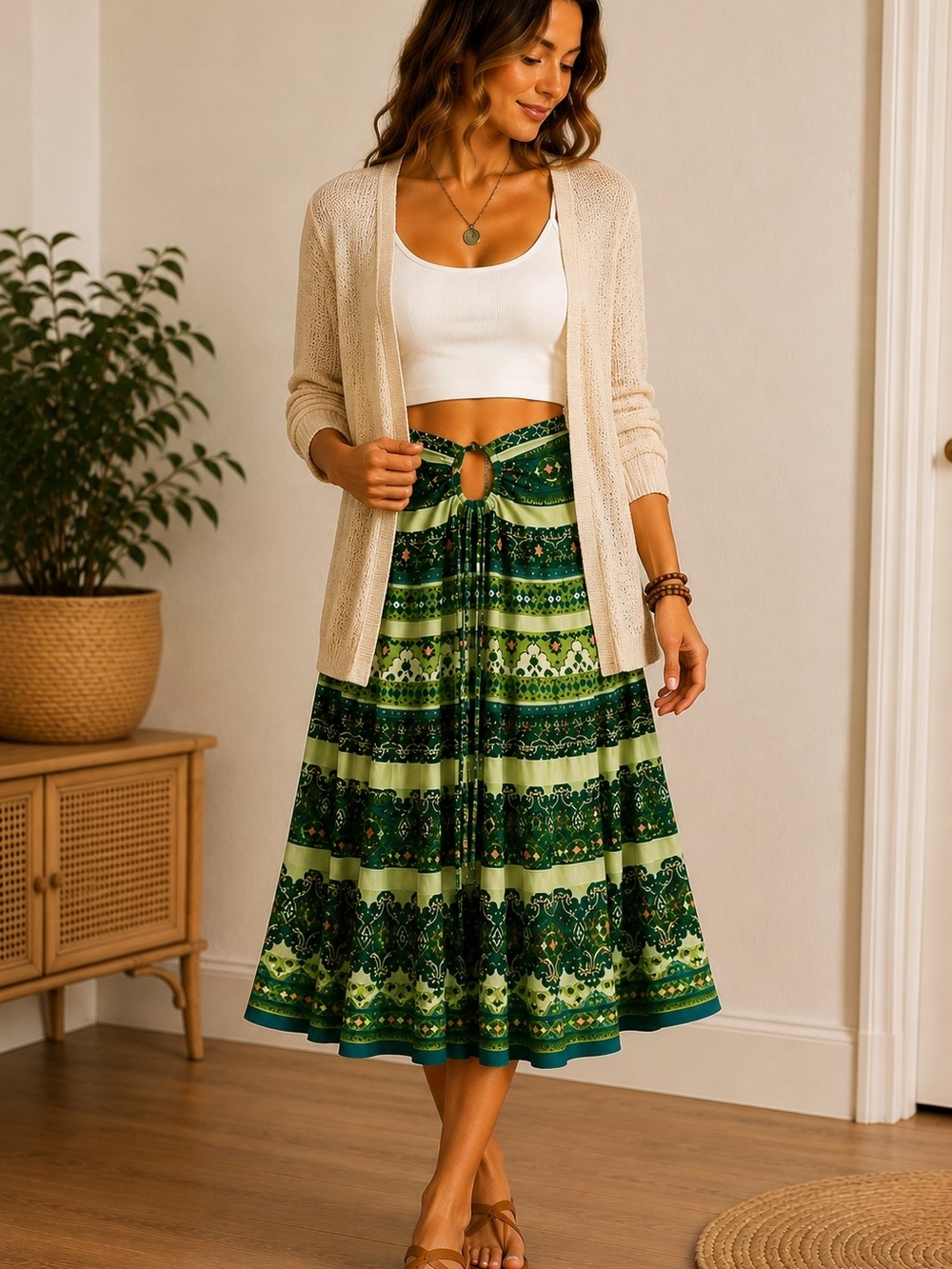 Angie Boho Green Paisley Cotton Convertible Midi Skirt Dress Size S